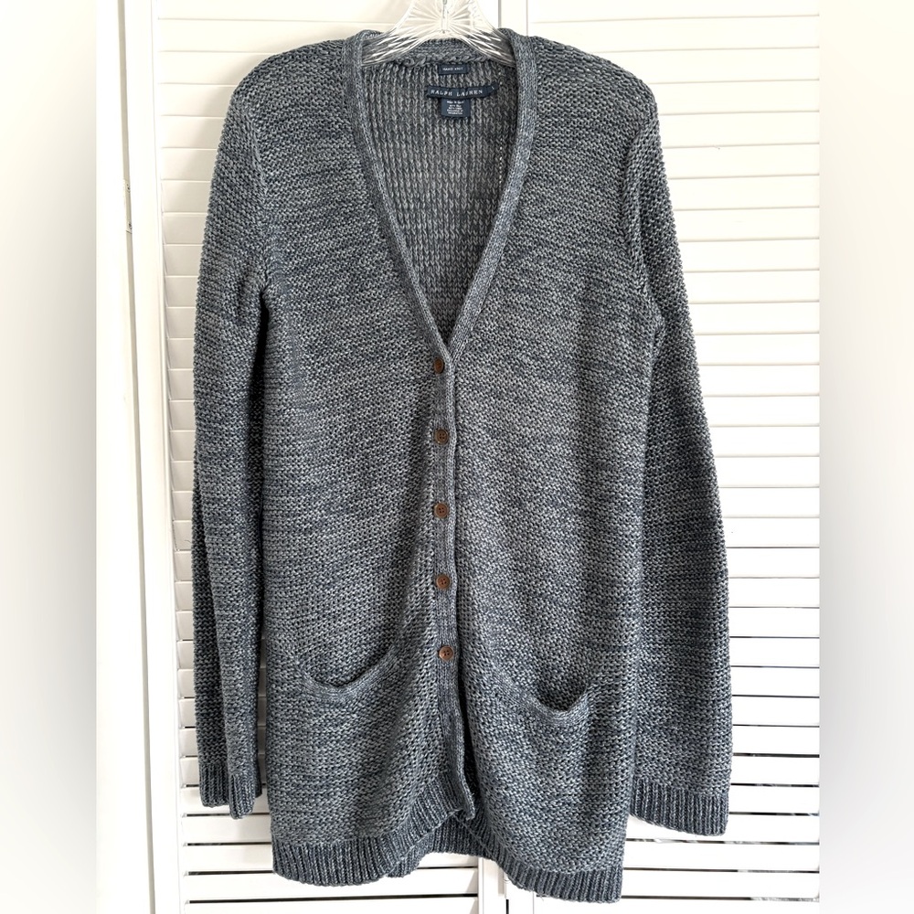 Ralph Lauren Handknit Silk Linen Cardigan Sweater Heather Blue Elbow Patches L